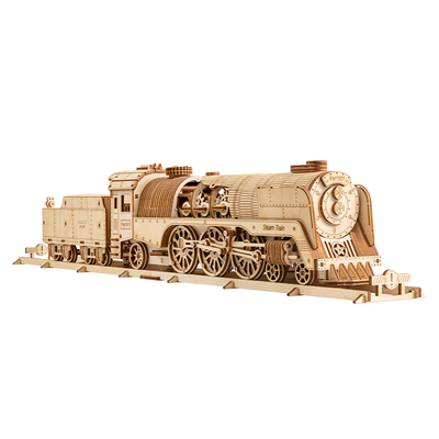 Vintage Steam Train mechanical wooden 3D puzzle by Lumigic, featuring detailed wooden train model with moving parts and intricate craftsmanship.