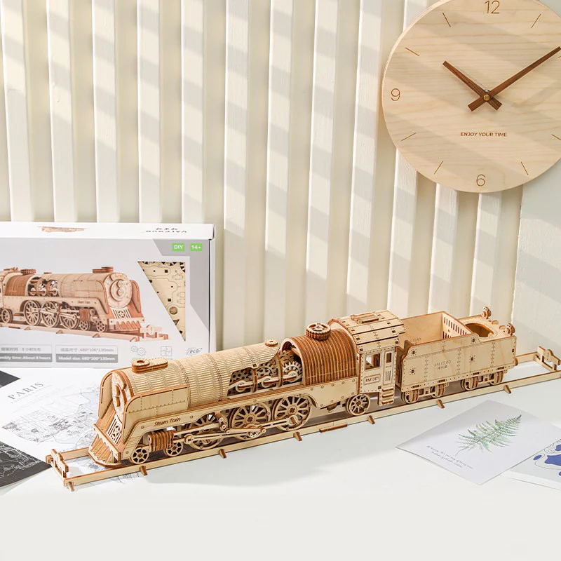 Lumigic vintage steam train wooden 3D puzzle assembled model showcasing detailed mechanical train design.