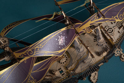 Wooden Future Pirate Ship 3D puzzle model by howcat, assembled with detailed wooden pieces and intricate pirate ship design.