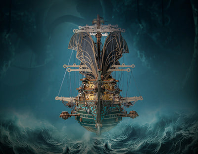 Wooden Future Pirate Ship 3D puzzle model by howcat, assembled with detailed ship components and nautical design.