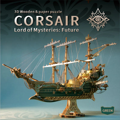 Wooden pirate ship 3D puzzle model by howcat, detailed handcrafted wooden model for assembly and display.