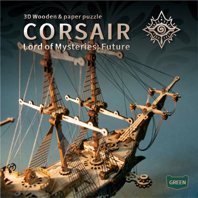 Detailed view of the howcat wooden pirate ship 3D puzzle model, showcasing the assembled wooden ship with intricate details.